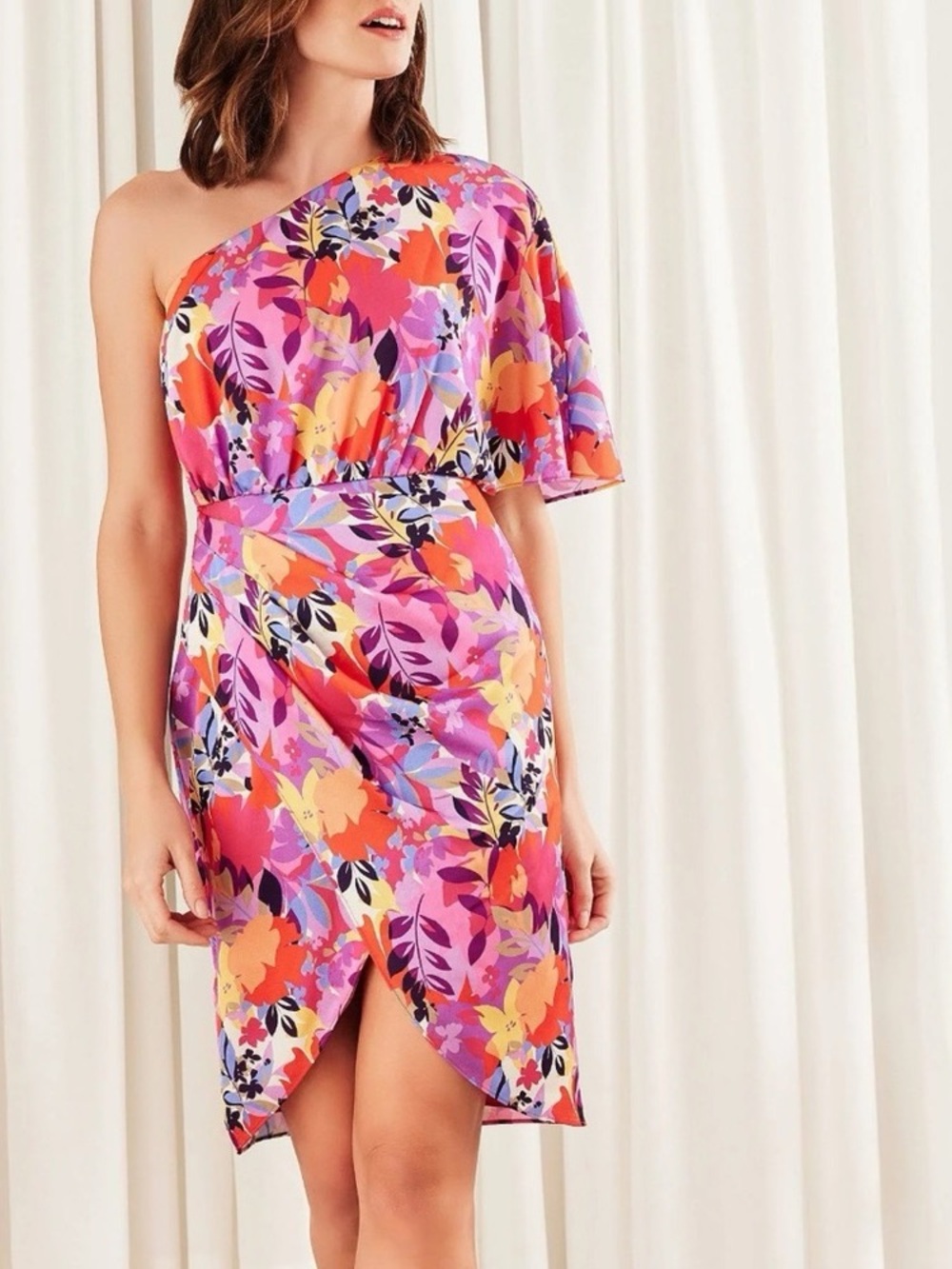 AIDAN‎ MATTOX One Shoulder Cocktail Dress Size 4 Pink Purple Floral Colorful